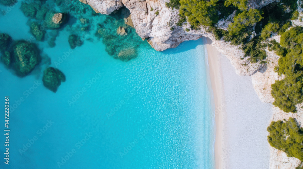 Poster aerial view of a secluded turquoise cove with a pristine white sand beach, surrounded by lush green 