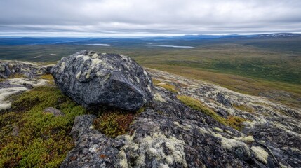 A large, lichen-covered boulder rests atop a rocky hillside overlooking a vast, flat tundra landscape under a cloudy sky. : Generative AI