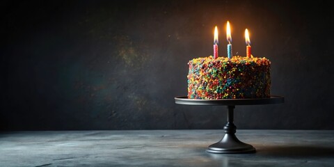 A festive confection, a delicious birthday cake with three lit candles, elegantly displayed on a dark cake stand against a moody backdrop