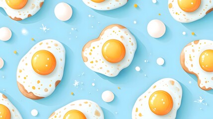Digital illustration of multiple fried eggs with yolk spots on a blue background.