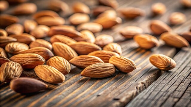 A close-up view of shelled almonds scattered on a rustic wooden surface, bathed in warm, natural light