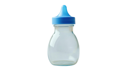 Empty Baby Bottle with Blue Cap Isolated on White Background – Infant Feeding Container and Parenting Concept