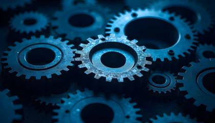 Close-up of metal gears in a cool blue tone, symbolizing machinery and industry.