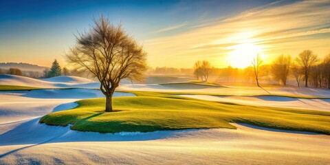 Serene winter sunrise over a snow-dusted golf course, a lone tree stands silhouetted against the golden light.