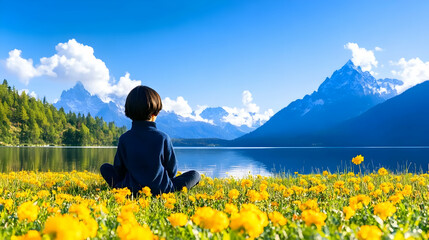 A child meditates amidst vibrant yellow flowers by a serene lake, majestic mountains forming a breathtaking backdrop under a clear blue sky