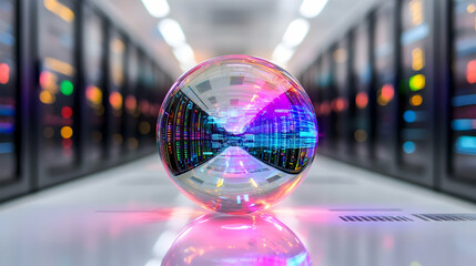 A crystal sphere reflects a server room's digital infrastructure, symbolizing data and connectivity