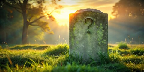 A weathered stone monument in a sunlit meadow, marked with a question, evokes mystery and contemplation.
