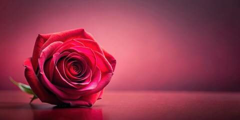 A single crimson rose rests delicately on a deep red surface, bathed in soft, romantic lighting.