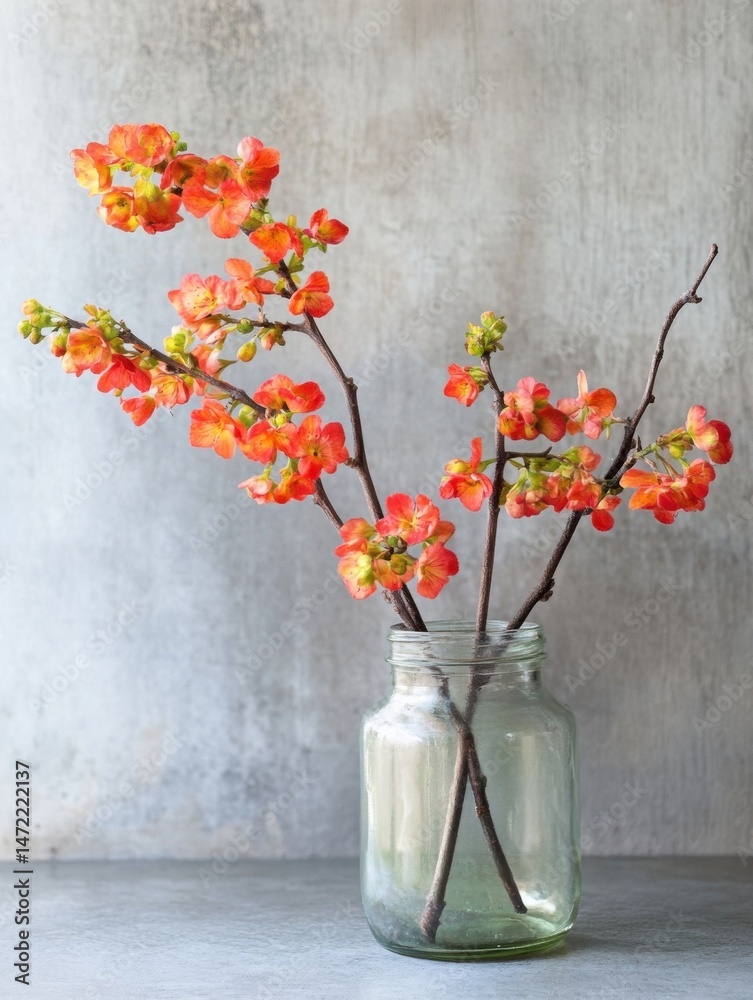 Aufkleber Vibrant orange quince blossoms arranged in a rustic glass jar against a textured gray backdrop, creating a simple yet elegant spring floral still life. : Generative AI