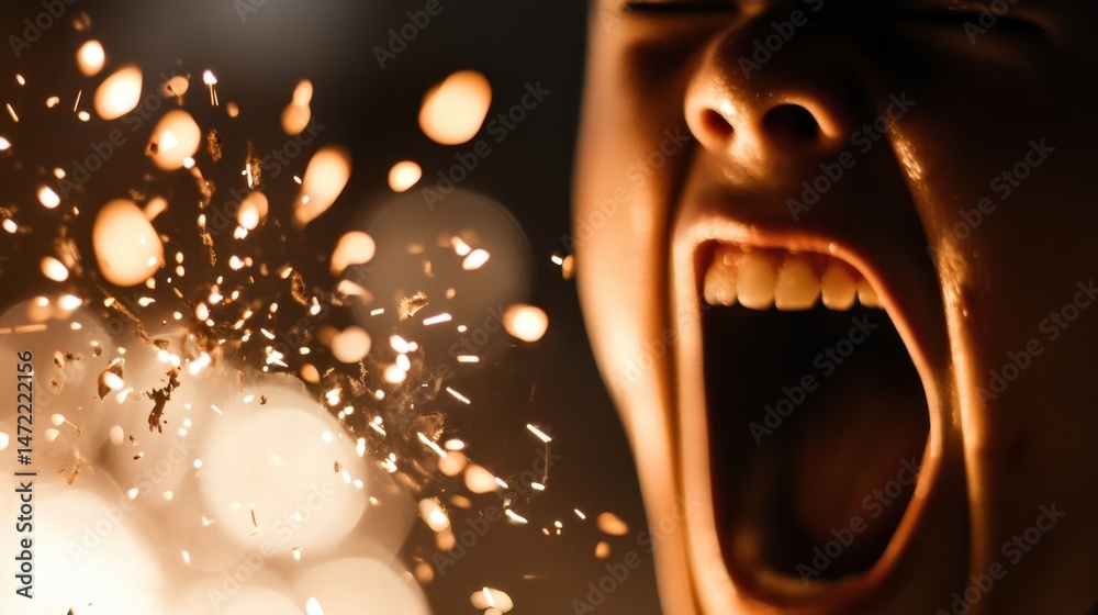 Aufkleber close-up of a person's open mouth, screaming, with sparks and glowing embers flying from it, creatin