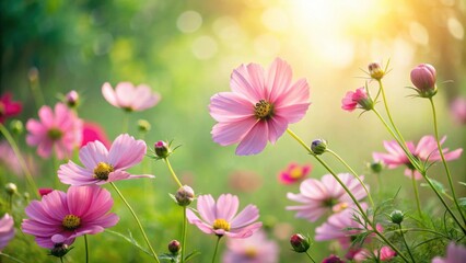Gentle pink cosmos flowers illuminated by warm sunlight in a vibrant green field