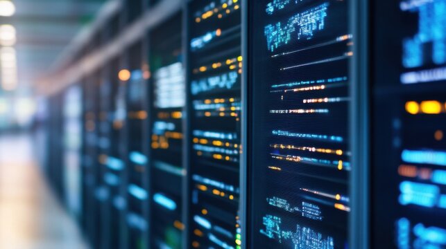 Close-up view of server racks displaying lines of illuminated code in a data center, showcasing digital information technology. : Generative AI