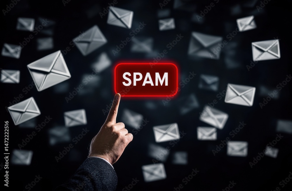 Poster A hand points to a glowing red 'SPAM' button, surrounded by numerous digital email envelopes, illustrating the concept of unwanted emails and online security. : Generative AI