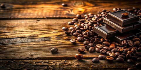 Dark Chocolate Squares Nestled Amidst Roasted Coffee Beans on Rustic Wood