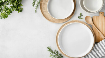 Empty white plates on jute placemats, with fresh herbs and wooden kitchen utensils, arranged on a light gray textured surface.  A minimalist, clean aesthetic. : Generative AI