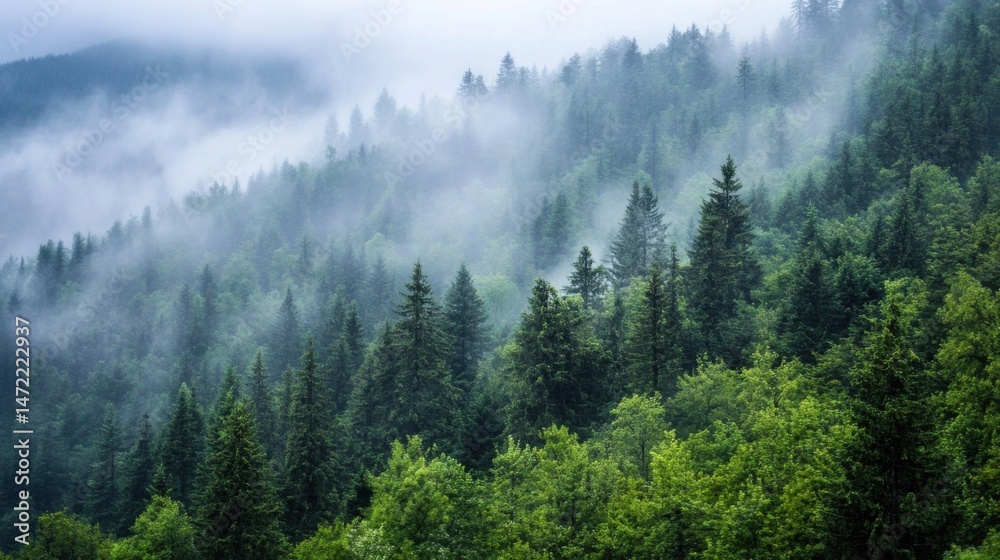 Poster Misty mountain forest scene showcasing lush green conifers and fog rolling through the trees on a cloudy day, creating a serene and tranquil atmosphere. : Generative AI