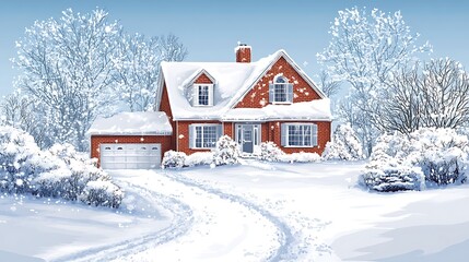 Snowy winter house, snow-covered trees, driveway, tranquil scene, illustration
