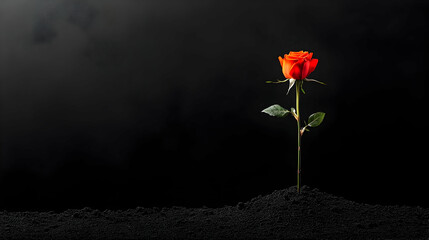 Single orange rose in dark soil