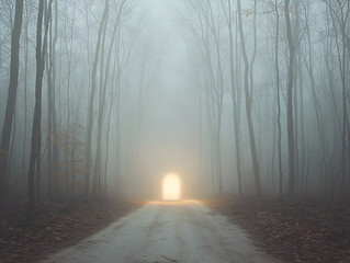 Obraz premium Misty Forest Path with Light at End.