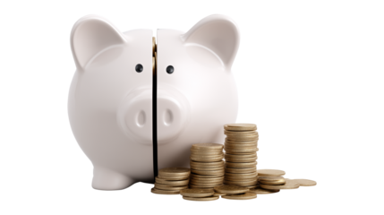 Money saving visual with coin-filled ceramic bank