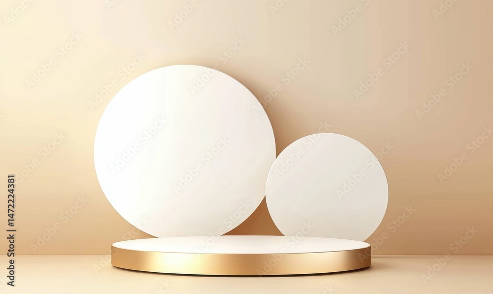 Poster elegant gold and white podium with two large circles as backdrop, ideal for product display or cosme