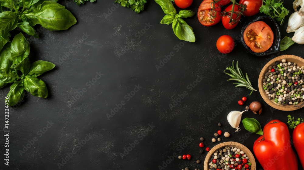 Poster vibrant red tomatoes, fresh basil, and assorted peppercorns arranged on a dark stone surface, creati