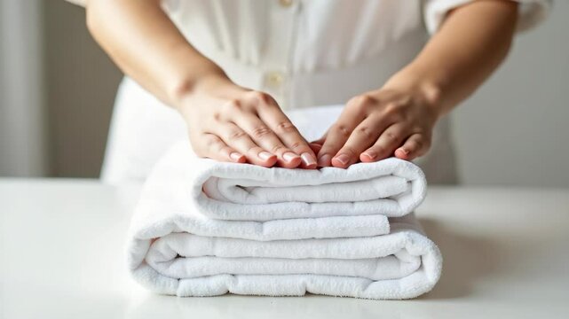 Hands neatly folding white towels on a clean surface  