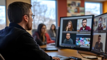 Photograph of a man on a video call with colleagues visible on multiple computer screens in an office setting.