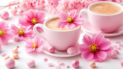 Two pink cups of coffee surrounded by delicate pink flowers and sweets