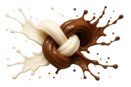 Milk chocolate and white chocolate splashing and making a knot on transparent background