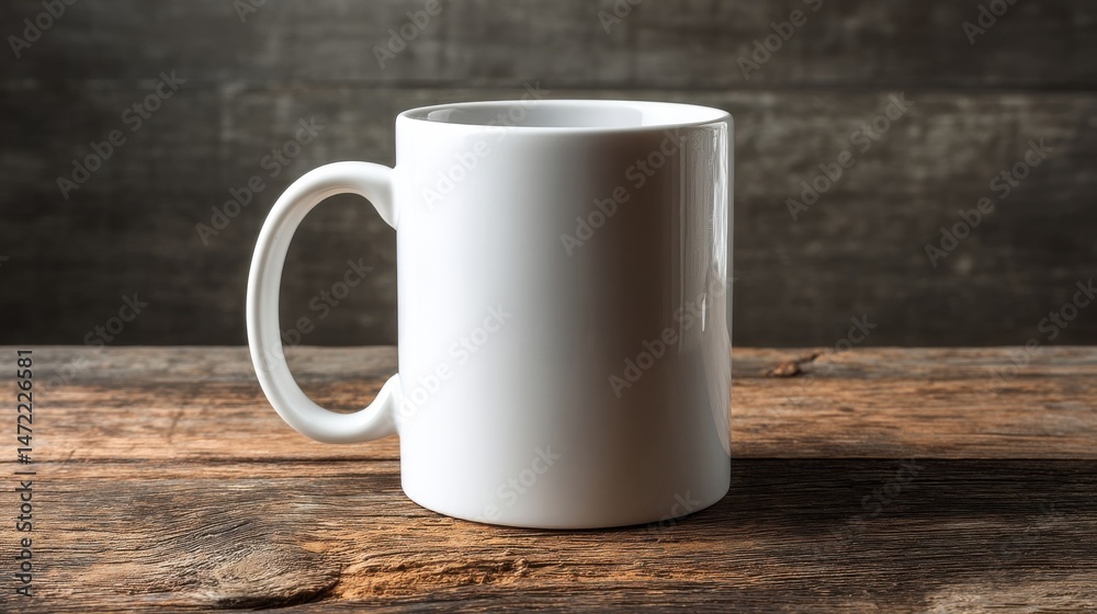 Aufkleber a blank white ceramic mug sits on a rustic wooden table against a dark gray background, perfect for 