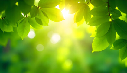 Obraz premium Green leaves frame the bright sun, creating a stunning view of nature's beauty and freshness.