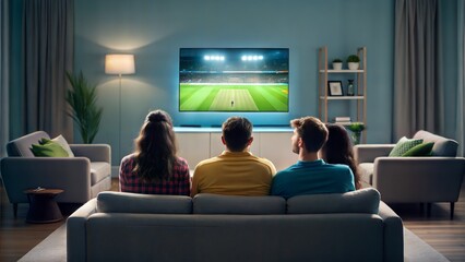 Group of friends watching a tense cricket moment on television