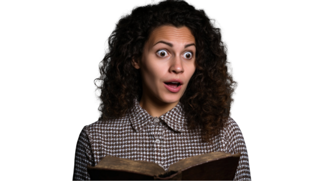 Astonished woman reading old book surprised expression curly hair dark background dramatic portrait on transparent background wow