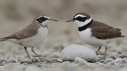 Obraz premium Two Small Birds Facing Each Other on Pebbles