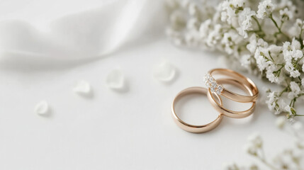 Closeup of elegant gold wedding rings adorned with diamonds, resting on a white surface near delicate white flowers and silk ribbon. : Generative AI