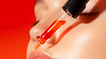 Fototapeta premium Red serum being applied to face using a dropper