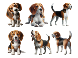 Six beagle pups in varied poses