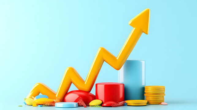 Upward trending arrow over colorful 3D bar graph and candies