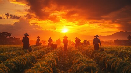 Silhouette of farmers walking through rice paddy at golden sunset