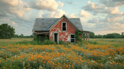 Obraz premium Rusty red house amidst a field of wildflowers