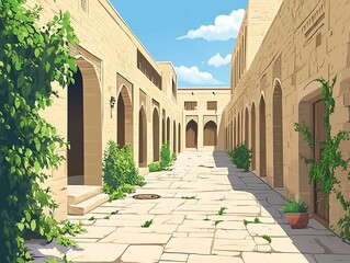 Obraz premium Sunny alleyway, light beige stone buildings, lush greenery, tranquil scene, ideal for tourism poster
