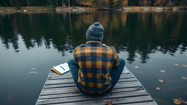 Person sitting on a dock at a lake writing down their thoughts for the new year