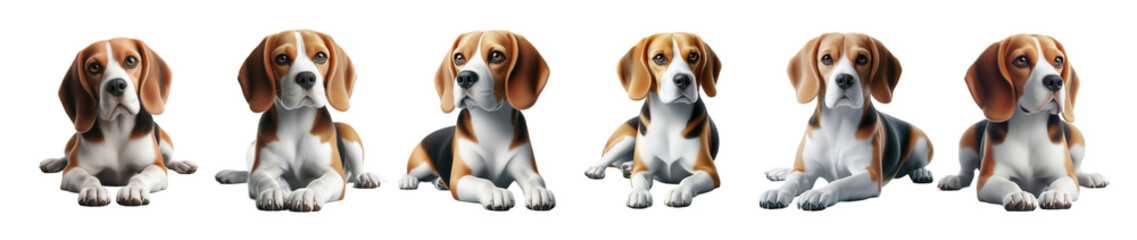 Six poised beagle dogs await commands