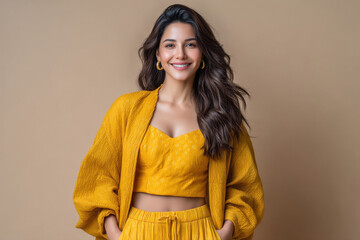 happy yong stylish woman standing on isolated background