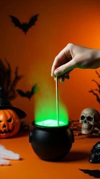 Halloween witch stirring cauldron with green potion against orange background  