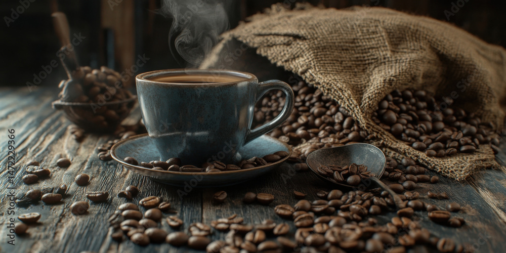 Poster a steaming cup of dark coffee sits on a rustic wooden table, surrounded by roasted beans spilling fr