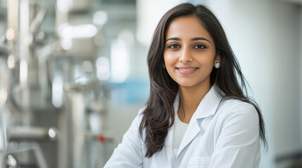 Obraz premium young indian female scientist standing at modern laboratory