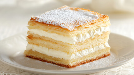 Mille-feuille pastry slice with layers of puff pastry and whipped cream