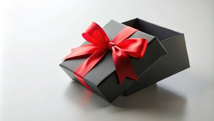 Elegant black gift box with a vibrant red ribbon bow, partially open to reveal its empty interior